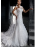 Mermaid Ivory Lace Tulle Jewel Neckline Sheer Back Court Train Wedding Dress